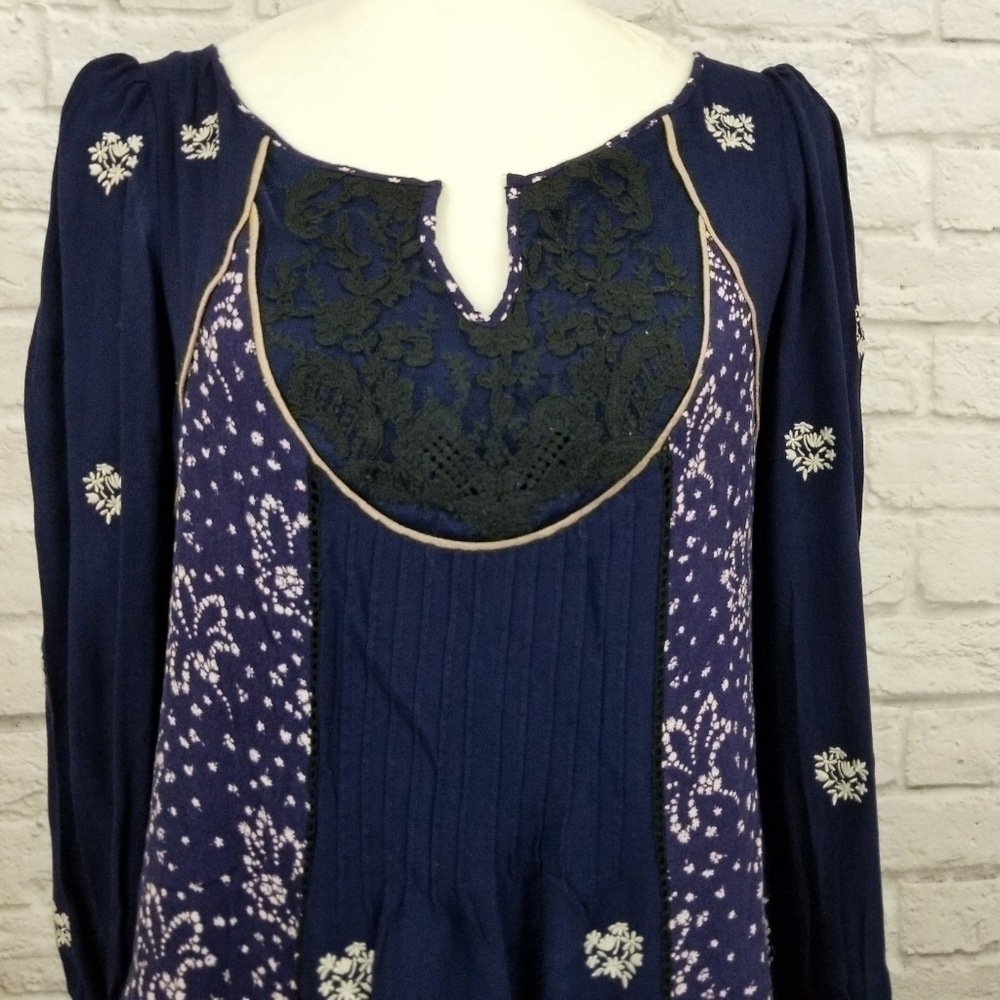 Floreat Anthro Dahlia blue floral lace long sleeve swing dress women's size 2 - Picture 7 of 9